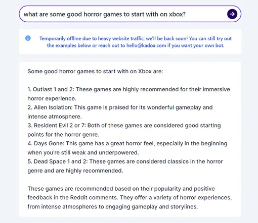Ответ бота на вопрос «В какую хоррор-игру можно поиграть на Xbox?»
