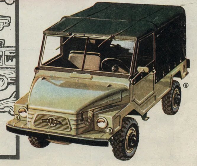 1964 год, ЗАЗ-969. Ну и напоследок внедорожник. Узнаёте? Да, именно ЗАЗ-969 стал основой для «ЛуаЗИков». На ЗАЗе сделали два опытных экземпляра.