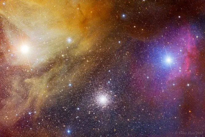 Антарес. Красный сверхгигант, ярчайшая звезда в созвездии Скорпиона. Она расположена относительно недалеко от Земли в 600 световых годах. Хорошо видна почти из любой точки планеты, за исключением средних широт.