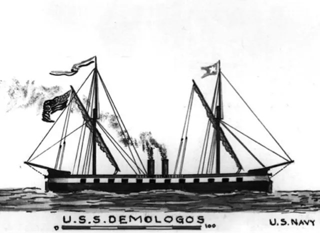 Пароход от Роберта Фултона. Роберт Фултон (1765-1815) - американский инженер, проектирующий военные корабли. Он разрабатывал проект как одну из первых подводных лодок, так и один из первых пароходов. В 1814 началась постройка огромного 44-пушечного парохода «Демологос», но Фултон скончался от пневмонии в следующем году, так и не увидев своё детище на воде.