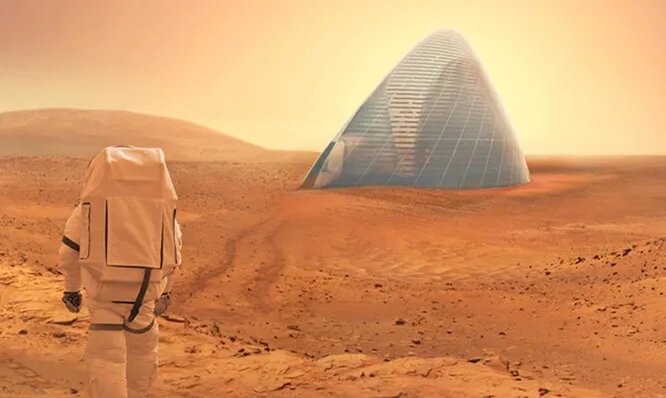 Марсианские дома, отпечатанные на 3D-принтере одна из идей для грядущей колонизации красной планеты. НАСА проводило конкурс на лучший дом, созданный из «подручных материалов» Марса. Первый приз взяла команда с проектом психоделического «Ледяного дома», также были варианты жилищ из песка и грунта.