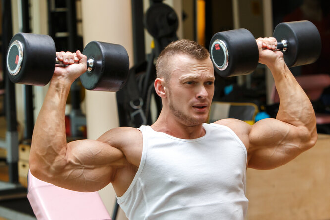 Упражнения с гантелями позволяют активно развивать плечевые мышцы