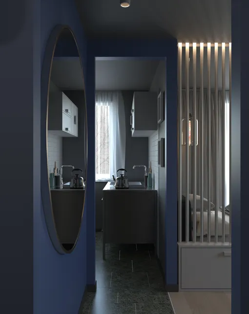 Зеркало на стене между кухней и комнатой визуально увеличивает пространство и добавляет света.