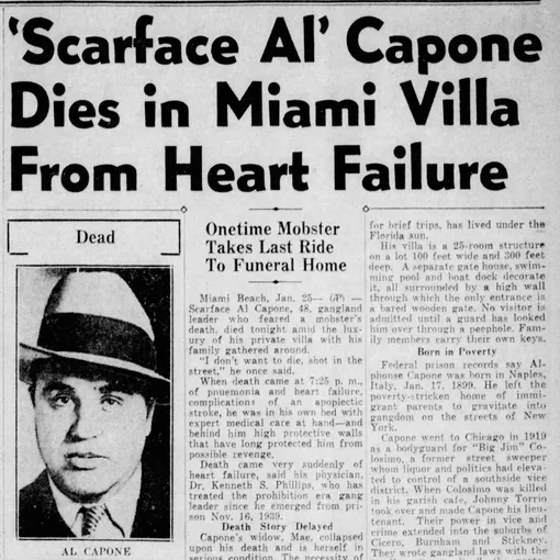 Статья в газете, посвященная смерти Капоне
