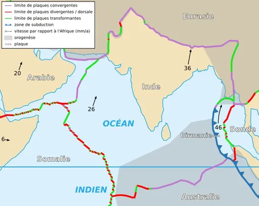 Индо-Австралийская плита на карте. Считается, что плита «разламывается» со скоростью 1,7 мм в год. Это значит, что через 600 лет глубина разлома достигнет только одного километра