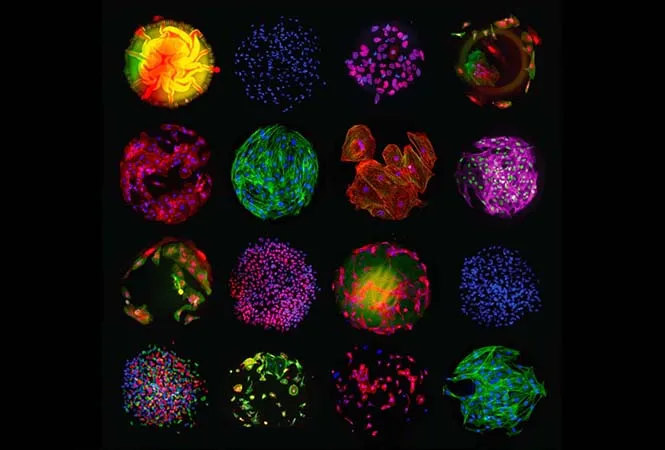 Это изображение показывает, как клетки мышечной ткани сердца (волокнистые) и стволовые клетки (с точками) реагируют на разные синтетические материалы. После тестирования наиболее удачные материалы будут использованы в медицине.ASHA K. PATEL, DANIEL G. ANDERSON, ROBERT S. LANGER, MORGAN R. ALEXANDER, CHRIS N. DENNING, MARTYN C. DAVIES