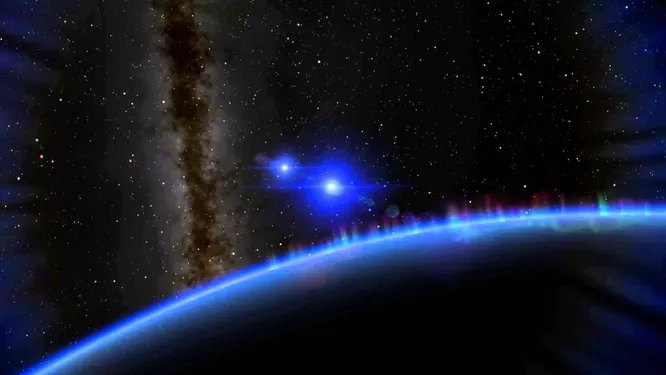 Ахернар, ярчайшая звезда из созвездия Эридана. Ахернар неплохо виден с Южного полушария, но почти неразличим с Северного. Эта двойная звезда вращается вокруг со своей оси с невероятной скоростью и потому может похвастаться необычной вытянутой формой.
