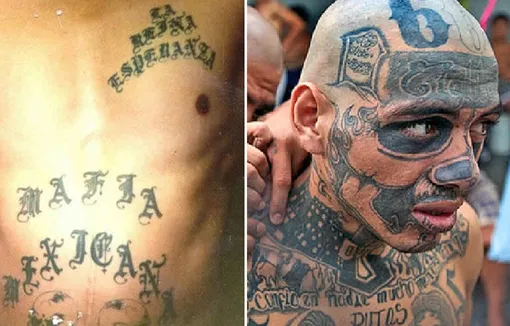 Слева – татуировки члена мексиканской Ла Эмэ, справа – Мара Сальватруча