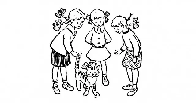 На рисунке три подружки: Ира, Таня и Галя. С ними кот Мурзик. Кто хозяйка Мурзика?