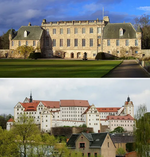 Школа-интернат Гордонстаун (сверху) и замок Кольдиц (снизу)