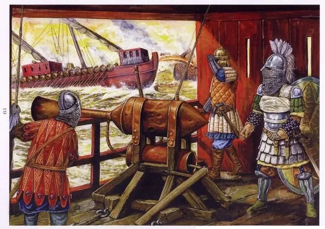 Греческий огонь античный предшественник напалма, впервые использованный византийцами в морских сражениях. Это было весьма эффективное оружие, уничтожавшее деревянные корабли, а затем и крепости. Точный рецепт горючей смеси так и не удалось восстановить, хотя современные аналоги вряд ли хуже.